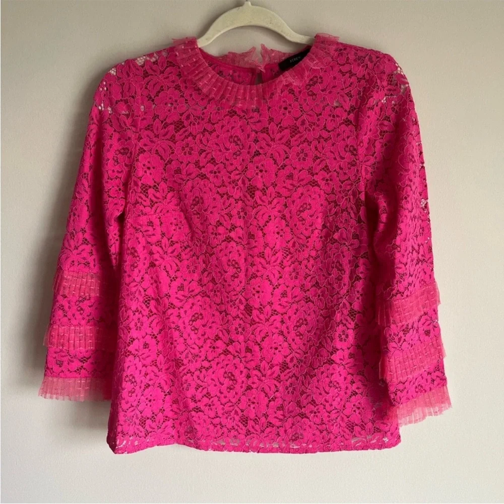 J. Crew Lace Top with Tulle Ruffle Keyhole Button Closure Pink Size XS
